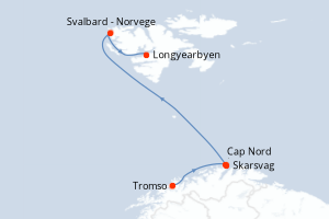 Carte de l'itinéraire de croisière Tromso-Longyearbyen d'une durée de 9 jours