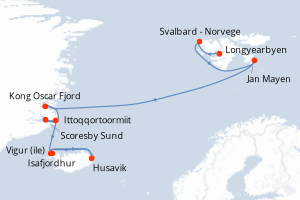 Carte de l'itinéraire de croisière Longyearbyen-Isafjordhur d'une durée de 13 jours