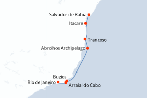Carte de l'itinéraire de croisière Salvador de Bahia-Rio de Janeiro d'une durée de 6 jours