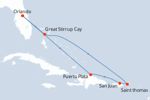 Carte de l'itinéraire de croisière Orlando-Orlando d'une durée de 7 jours