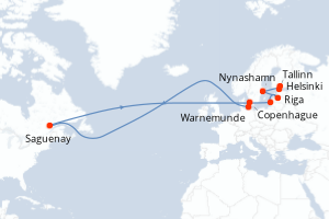 Carte de l'itinéraire de croisière Copenhague-Helsinki d'une durée de 7 jours
