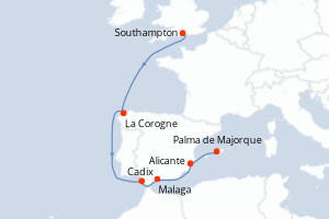Carte de l'itinéraire de croisière Southampton-Palma de Majorque d'une durée de 7 jours
