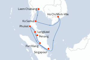 Carte itinéraire croisière Singapour, Thaïlande, Malaisie, Vietnam - 12 jours au départ de Singapour - Asie