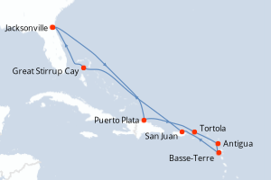 Carte de l'itinéraire de croisière Jacksonville-Jacksonville d'une durée de 11 jours