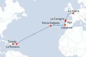 Carte de l'itinéraire de croisière La Romana-Le Havre d'une durée de 13 jours