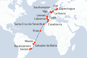 Carte de l'itinéraire de croisière Santos-Copenhague d'une durée de 27 jours