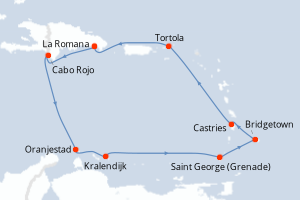 Carte de l'itinéraire de croisière La Romana-La Romana d'une durée de 9 jours