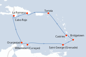 Carte de l'itinéraire de croisière La Romana-La Romana d'une durée de 9 jours