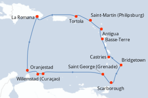 Carte de l'itinéraire de croisière La Romana-La Romana d'une durée de 12 jours