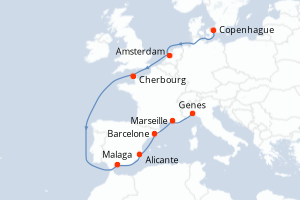 Carte de l'itinéraire de croisière Copenhague-Genes d'une durée de 11 jours