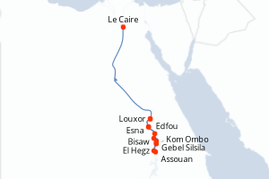 Carte de l'itinéraire de croisière Louxor-Le Caire d'une durée de 12 jours