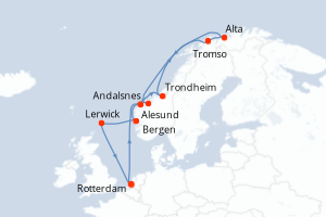 Carte itinéraire croisière Pays-Bas, Norvège, Royaume-Uni - 14 jours au départ de Rotterdam - Europe du Nord