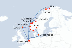 Carte itinéraire croisière Pays-Bas, Danemark, Norvège, Royaume-Uni - 21 jours au départ de Rotterdam - Europe du Nord