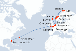 Carte itinéraire croisière Pays-Bas, Norvège, Belgique, France, Royaume-Uni, États-Unis - 28 jours au départ de Rotterdam - Transatlantique