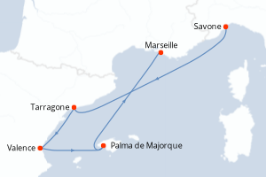 Carte de l'itinéraire de croisière Savone-Marseille d'une durée de 5 jours