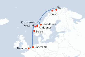 Carte de l'itinéraire de croisière Douvres-Rotterdam d'une durée de 15 jours