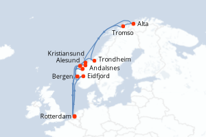 Carte itinéraire croisière Pays-Bas, Norvège - 21 jours au départ de Rotterdam - Europe du Nord