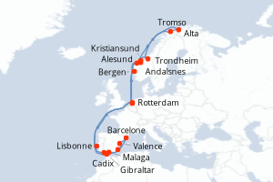 Carte itinéraire croisière Pays-Bas, Norvège, Portugal, Espagne, Royaume-Uni - 29 jours au départ de Rotterdam - Europe du Nord