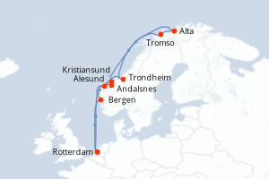 Carte itinéraire croisière Pays-Bas, Norvège - 14 jours au départ de Rotterdam - Europe du Nord