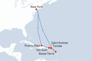 Carte de l'itinéraire de croisière New York-New York d'une durée de 11 jours