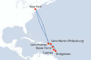 Carte de l'itinéraire de croisière New York-New York d'une durée de 12 jours