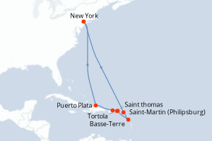 Carte de l'itinéraire de croisière New York-New York d'une durée de 12 jours