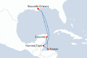 Carte de l'itinéraire de croisière Nouvelle-Orleans-Nouvelle-Orleans d'une durée de 7 jours