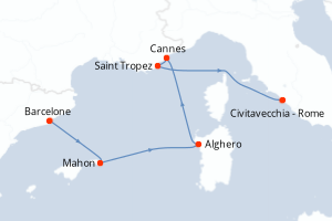 Carte de l'itinéraire de croisière Barcelone-Civitavecchia - Rome d'une durée de 6 jours