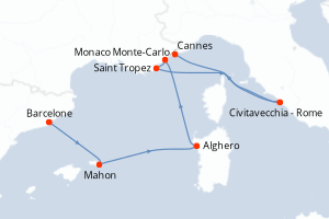 Carte de l'itinéraire de croisière Barcelone-Monaco Monte-Carlo d'une durée de 7 jours