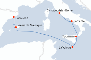 Carte de l'itinéraire de croisière Civitavecchia - Rome-Barcelone d'une durée de 6 jours
