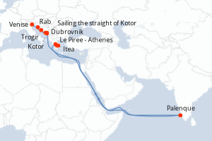 Carte de l'itinéraire de croisière Venise-Le Piree - Athenes d'une durée de 8 jours