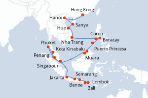 Carte de l'itinéraire de croisière Hong Kong-Benoa d'une durée de 27 jours