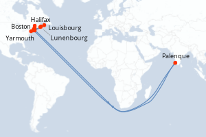 Carte de l'itinéraire de croisière Boston-Boston d'une durée de 13 jours