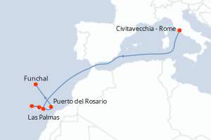 Carte de l'itinéraire de croisière Civitavecchia - Rome-Funchal d'une durée de 8 jours