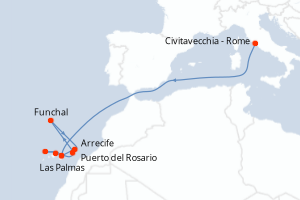 Carte de l'itinéraire de croisière Civitavecchia - Rome-Las Palmas d'une durée de 11 jours