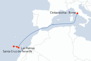 Carte de l'itinéraire de croisière Civitavecchia - Rome-Santa Cruz de Tenerife d'une durée de 6 jours