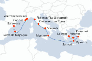 Carte itinéraire croisière Turquie, Grèce, Italie, France, Espagne - 14 jours au départ de Le Piree - Athenes - Méditerranée