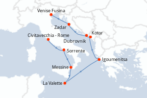 Carte de l'itinéraire de croisière Civitavecchia - Rome-Venise Fusina d'une durée de 9 jours