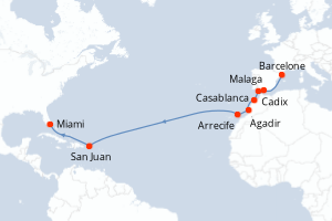 Carte itinéraire croisière Espagne, Maroc, Porto Rico, États-Unis - 16 jours au départ de Barcelone - Transatlantique