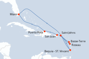 Carte de l'itinéraire de croisière Miami-Miami d'une durée de 10 jours