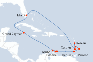 Carte de l'itinéraire de croisière Miami-Miami d'une durée de 15 jours