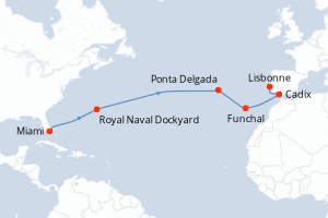 Carte itinéraire croisière États-Unis, Royaume-Uni, Espagne, Portugal - 14 jours au départ de Miami - Atlantique