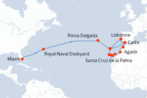 Carte itinéraire croisière États-Unis, Royaume-Uni, Espagne, Portugal, Maroc - 25 jours au départ de Miami - Atlantique