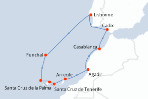 Carte itinéraire croisière Portugal, Maroc, Espagne - 11 jours au départ de Lisbonne - Atlantique