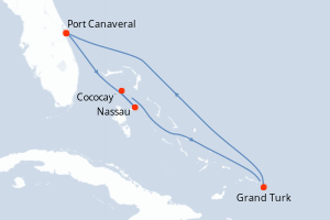 Carte de l'itinéraire de croisière Port Canaveral-Port Canaveral d'une durée de 6 jours