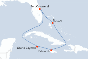 Carte itinéraire croisière États-Unis, Caïmans (Îles), Jamaïque, Bahamas - 6 jours au départ de Port Canaveral - Caraïbes Bahamas