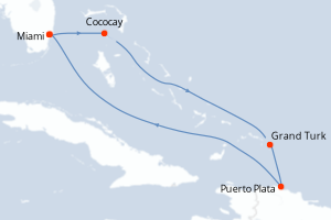 Carte de l'itinéraire de croisière Miami-Miami d'une durée de 6 jours