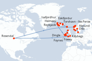 Carte de l'itinéraire de croisière Reykjavik-Oslo d'une durée de 36 jours