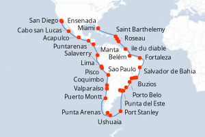 Carte de l'itinéraire de croisière Miami-San Diego d'une durée de 60 jours