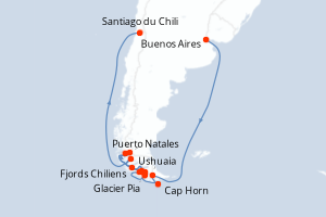 Carte de l'itinéraire de croisière Buenos Aires-Santiago du Chili d'une durée de 14 jours